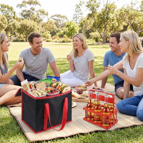 حامل مشروبات قابل لإعادة الاستخدام سعة 6 أكواب مع مقبض وحقيبة معزولة، حاملة طعام مجمدة حرارية للسفر وحامل أكواب بلاستيكي قابل للطي وحقيبة طعام معزولة ذات سعة كبيرة لتوصيل السيارة والسفر in Kuwait