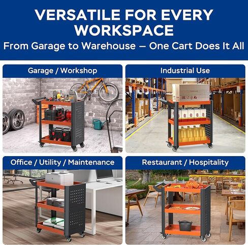 Heavy Duty 880 lbs Capacity 3-Tier Rolling Tool Cart, 37.5 lbs Solid High-Carbon Steel Service Cart with 2.0mm Thick Plates & Silent Casters in Saudi Arabia