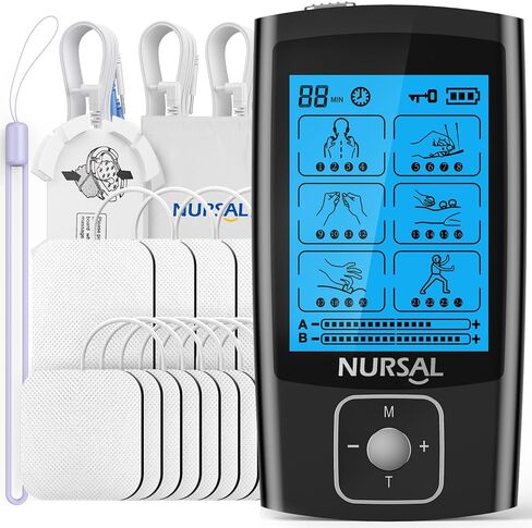 وحدة NURSAL TENS EMS محفز العضلات لعلاج تخفيف الألم، جهاز كهربائي 24 وضعًا لتدليك نبض آلة TENS مزدوجة القناة مع 12 قطعة من وسادات القطب الكهربائي/وضع ثابت مستمر/وظيفة الذاكرة in Kuwait
