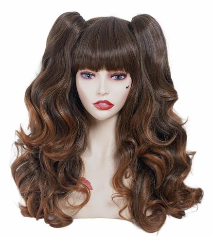 Long Ginger Wig for Women Lolita Auburn Culry wig with 2 Ponytails Clip On Synthetic Cosplay Wig with Bangs in Kuwait