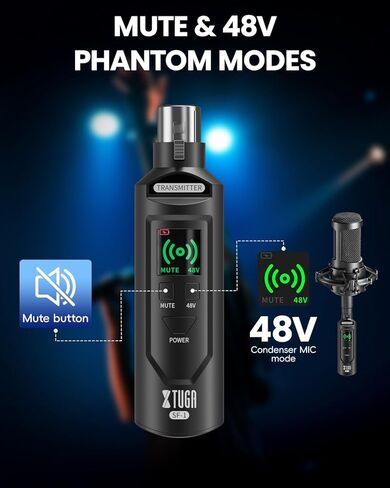 XTUGA 2.4GHz Wireless XLR Transmitter & Receiver, Wireless Microphone Adapter System for Dynamic/Condenser Mics w/ 48V Phantom Power fit for Live Show,Audio Mixer,PA Systems,Studio,Church (SF-1) in Kuwait