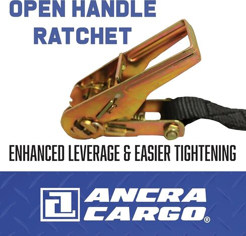 Ratchet Strap, 16' x 1", Heavy Duty 1,000 lb. Working Load Limit, Wire Double J-Hooks, Floating D-Rings, Open Handle Ratchet with 15" Fixed End, Gold Chromate Finish for Contractor Loads in Kuwait