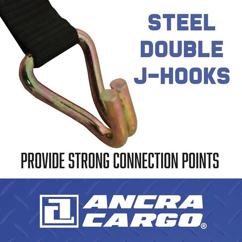 Ratchet Strap, 16' x 1", Heavy Duty 1,000 lb. Working Load Limit, Wire Double J-Hooks, Floating D-Rings, Open Handle Ratchet with 15" Fixed End, Gold Chromate Finish for Contractor Loads in Kuwait