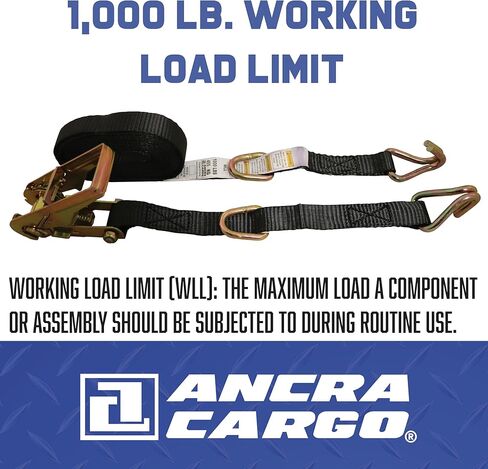 Ratchet Strap, 16' x 1", Heavy Duty 1,000 lb. Working Load Limit, Wire Double J-Hooks, Floating D-Rings, Open Handle Ratchet with 15" Fixed End, Gold Chromate Finish for Contractor Loads in Kuwait