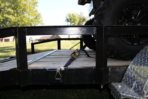 Ratchet Strap, 16' x 1", Heavy Duty 1,000 lb. Working Load Limit, Wire Double J-Hooks, Floating D-Rings, Open Handle Ratchet with 15" Fixed End, Gold Chromate Finish for Contractor Loads in Kuwait