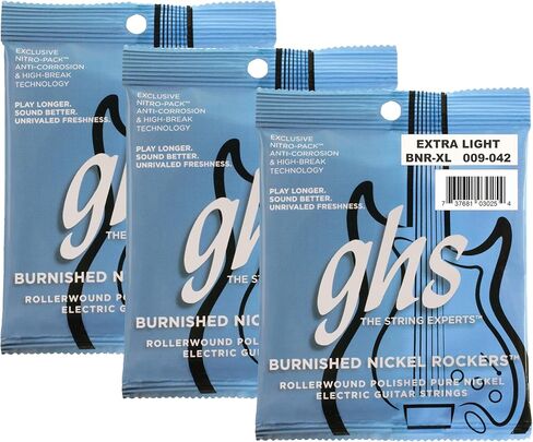 سلاسل GHS - موسيقى الروك النيكل المصقولة - أوتار الجيتار الكهربائي - النيكل النقي - ملمس ناعم مصقول ونغمة عتيقة دافئة - صوت موسيقى الروك والبلوز الرجعية - مقياس الضوء الإضافي - مجموعة BNR-XL - 9-42 - 3 عبوات in Saudi Arabia