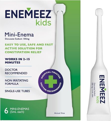 Enemeez Kids Enema, Mini-Enemas for Ages 2-12, Docusate Sodium Stool Softener, Fast-Acting Constipation Relief, Promotes Bowel Movement in 2-15 Minutes, 2ct, 3 Pack (6 Total) Single-Use 5ml Tubes in Kuwait