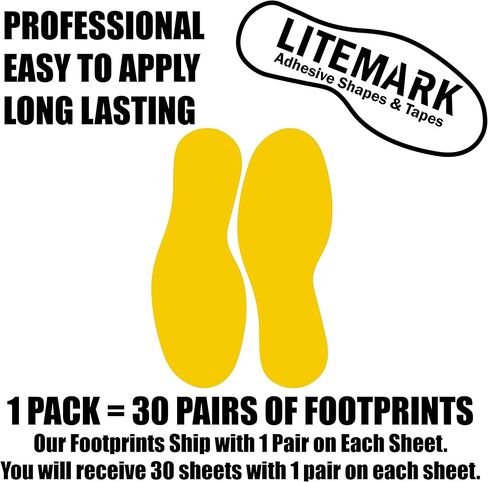 LiteMark Floor Vinyl Decals Footprint Stickers – line up Stickers for Classroom Floor, Offices, Dance, Events – Durable Gloss Finish Spot Markers, Yellow, 9 Inch, Pack of 60 Pcs (30 Pairs) in Kuwait