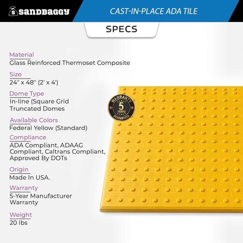 Sandbaggy Cast-in-Place ADA Pads - USA Made Truncated Domes | ADA/DOT Compliant | 5 Year Warranty (2, Yellow, 24" x 48") in Kuwait