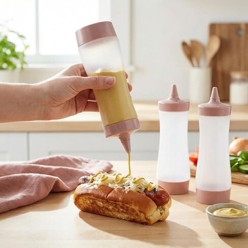 3 قطع زجاجات ضغط للصلصات، زجاجة ضغط بلاستيكية مع غطاء، صلصة، زيت، صلصة الخردل، موزعات الكاتشب لمطبخ الشواء والتخييم، وردي in Kuwait