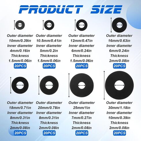 160 Pcs Rubber Washers for Screws 10/10.5/12/16/18/20/25/30mm Flat Rubber Washers Assortment Kit Black Heavy Duty Rubbers Gasket for Faucets Garden Bolts Screws Hose Plumbing Shower Head 8 Sizes in Saudi Arabia