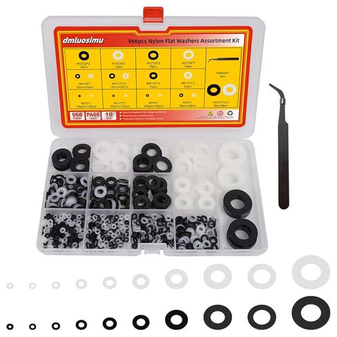 طقم غسالات مسطحة من النايلون الأسود والأبيض مكون من 966 قطعة - 10 مقاسات (M2 M2.5 M3 M4 M5 M6 M8 M10M12 M14) فواصل عازلة مترية للأثاث والسباكة والسيارات والمشروعات اليدوية in Kuwait