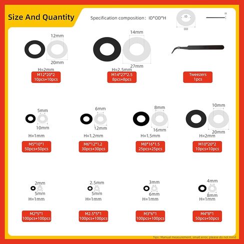 طقم غسالات مسطحة من النايلون الأسود والأبيض مكون من 966 قطعة - 10 مقاسات (M2 M2.5 M3 M4 M5 M6 M8 M10M12 M14) فواصل عازلة مترية للأثاث والسباكة والسيارات والمشروعات اليدوية in Kuwait
