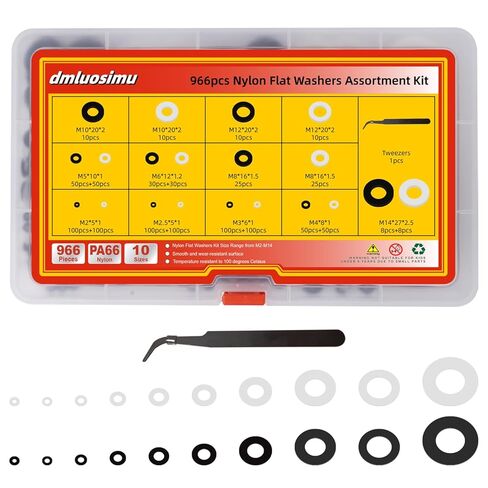 طقم غسالات مسطحة من النايلون الأسود والأبيض مكون من 966 قطعة - 10 مقاسات (M2 M2.5 M3 M4 M5 M6 M8 M10M12 M14) فواصل عازلة مترية للأثاث والسباكة والسيارات والمشروعات اليدوية in Kuwait
