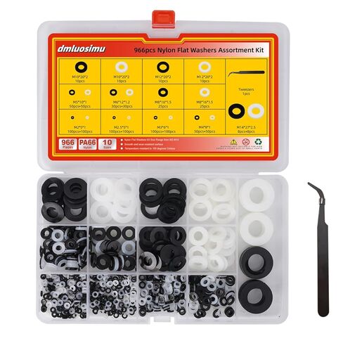 طقم غسالات مسطحة من النايلون الأسود والأبيض مكون من 966 قطعة - 10 مقاسات (M2 M2.5 M3 M4 M5 M6 M8 M10M12 M14) فواصل عازلة مترية للأثاث والسباكة والسيارات والمشروعات اليدوية in Kuwait