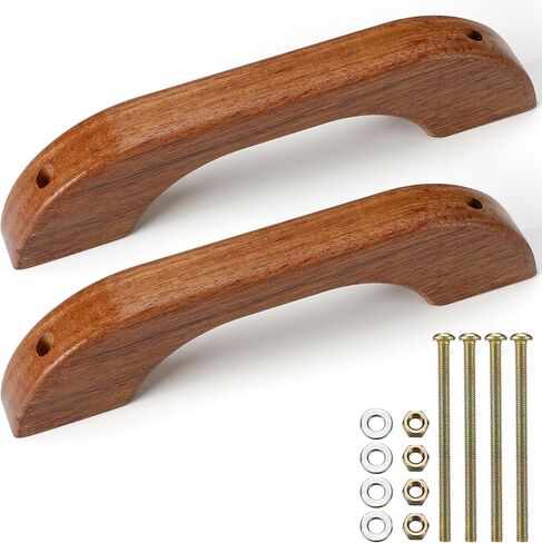 2 Pcs Teak Handrail Wooden Handles Solid Teak Grab Handle Brown Wood Handrail with Screws and Nuts for Marine RV Boating Armrest Accessories in Saudi Arabia