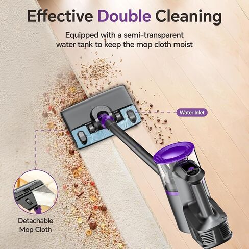 Cordless Vacuum Cleaner, Powerful Vacuum Cleaners for Home with Mopping Combo, Water Tank, Stick Vacuum Cordless Rechargeable, Lightweight Vacuum for Hard Floors Carpet Pet Hair, Purple in Saudi Arabia