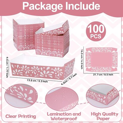 100PCS Pink Platos De Barro Cielito Lindo Trays Mexican Party Decoration Cielito Lindo Paper Tray Disposable Mexicanos Nacho Food Container for Wedding Baby Shower Talavera Birthday Party Supplies in Saudi Arabia