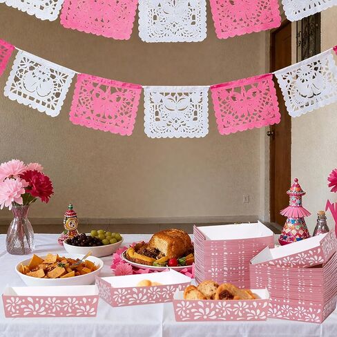 100PCS Pink Platos De Barro Cielito Lindo Trays Mexican Party Decoration Cielito Lindo Paper Tray Disposable Mexicanos Nacho Food Container for Wedding Baby Shower Talavera Birthday Party Supplies in Saudi Arabia