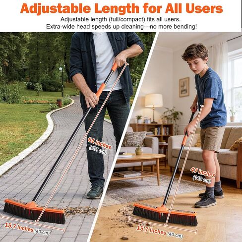 JEHONN دفع مكنسة في الهواء الطلق الثقيلة، 15.7 بوصة على شكل حرف V فرشاة صناعية تجارية قاسية مع 61 "مقبض طويل لمرآب مستودع متجر حديقة فناء درب ساحة سطح الشارع (برتقالي) in Kuwait