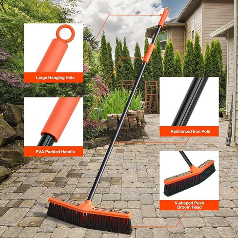 JEHONN دفع مكنسة في الهواء الطلق الثقيلة، 15.7 بوصة على شكل حرف V فرشاة صناعية تجارية قاسية مع 61 "مقبض طويل لمرآب مستودع متجر حديقة فناء درب ساحة سطح الشارع (برتقالي) in Kuwait