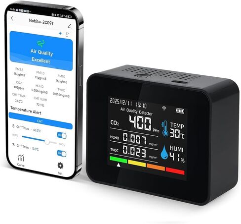 مراقب جودة الهواء الذكي، مقياس جودة الهواء الداخلي مع HCHO، CO2، PM2.5 PM10، PM1.0، TVOC، AQI، درجة الحرارة والرطوبة، الوقت والتاريخ، إنذار، تخزين البيانات لمدة عام، التحكم في التطبيقات للمنزل والمكتب in Kuwait