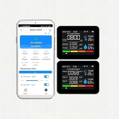 مراقب جودة الهواء الذكي، مقياس جودة الهواء الداخلي مع HCHO، CO2، PM2.5 PM10، PM1.0، TVOC، AQI، درجة الحرارة والرطوبة، الوقت والتاريخ، إنذار، تخزين البيانات لمدة عام، التحكم في التطبيقات للمنزل والمكتب in Kuwait
