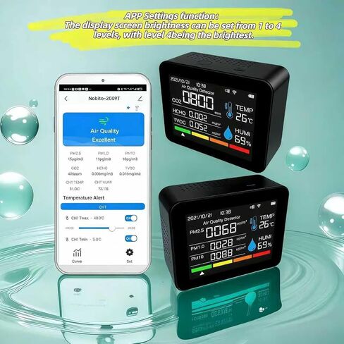 مراقب جودة الهواء الذكي، مقياس جودة الهواء الداخلي مع HCHO، CO2، PM2.5 PM10، PM1.0، TVOC، AQI، درجة الحرارة والرطوبة، الوقت والتاريخ، إنذار، تخزين البيانات لمدة عام، التحكم في التطبيقات للمنزل والمكتب in Kuwait