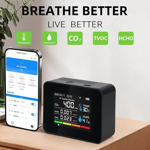 مراقب جودة الهواء الذكي، مقياس جودة الهواء الداخلي مع HCHO، CO2، PM2.5 PM10، PM1.0، TVOC، AQI، درجة الحرارة والرطوبة، الوقت والتاريخ، إنذار، تخزين البيانات لمدة عام، التحكم في التطبيقات للمنزل والمكتب in Kuwait