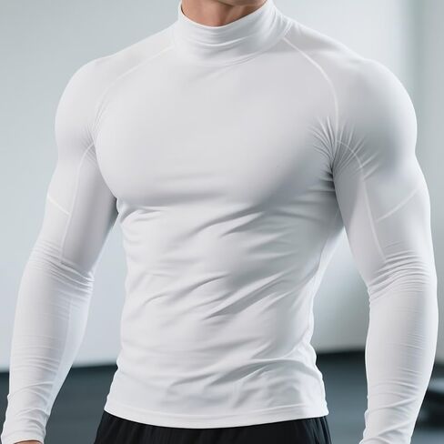 Men's Quick-Dry Stretch Fitness Shirt- High Neck Long Sleeve Workout Top (White,Large) in Saudi Arabia