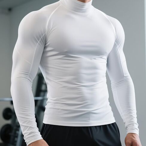 Men's Quick-Dry Stretch Fitness Shirt- High Neck Long Sleeve Workout Top (White,Large) in Saudi Arabia
