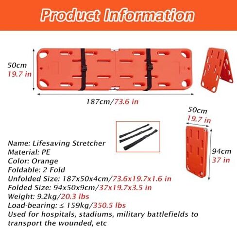 Portable Spine Board Stretcher for Water Rescue, 12 Curved Handles, 2-Fold Design for Lifeguard Use (73.6"x19.7") in Saudi Arabia
