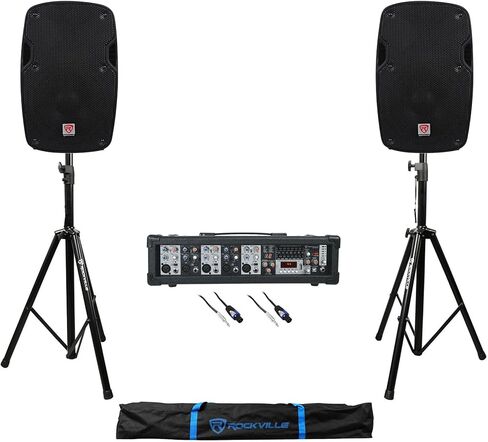 Rockville SPG88 Bundle: (2) 8" 400W Peak / 100W RMS Passive DJ PA Speakers, (2) RCTS1425 25' 14 AWG 1/4" TS to Speakon Cables, RPM47 Powered 5-Ch Mixer with Bluetooth, (2) Speaker Stands, 7-Items in Saudi Arabia