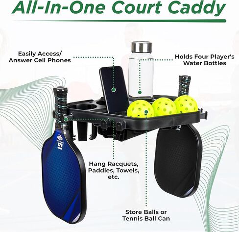 Grand Slam Court Caddie - Tennis and Pickleball Court Organizer for Fence and Net Post - Cup Holders, Phone Storage, Ball Slots, Racquet Hooks and Dual Waste Basket Mount - Weather-Resistant in Saudi Arabia