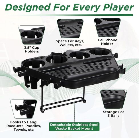 Grand Slam Court Caddie - Tennis and Pickleball Court Organizer for Fence and Net Post - Cup Holders, Phone Storage, Ball Slots, Racquet Hooks and Dual Waste Basket Mount - Weather-Resistant in Saudi Arabia