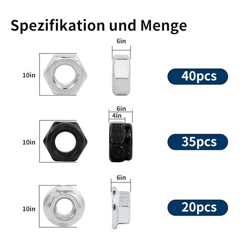 95 قطعة صامولة M6، صامولة قفل نايلون مطلية بالزنك الأسود، صامولة قفل سداسية مترية بحافة مسننة (M6-1.0 مم) in Kuwait