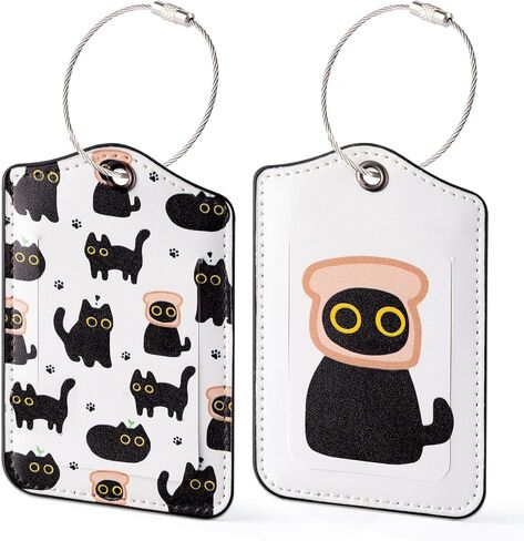 Laffact Black Cat Luggage Tag - 2 مجموعات مضحكة Kawaii Cartoon Black Kitten Cute Double Fabric Pu Leather Luggage Tag Card Loop Steel for Women Men حقائب اليد على ظهره in Saudi Arabia