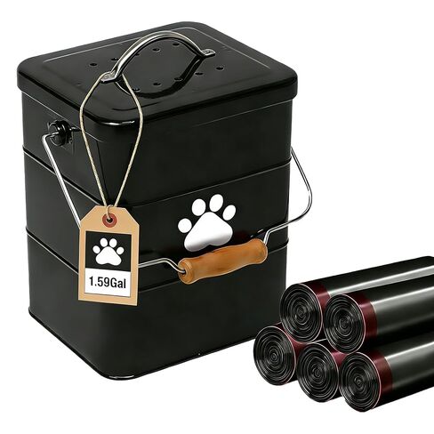 Small Dog Poop Trash Can Outside,1.5Gal/6L Metal Dog Waste Trash Can with Lid/Filter/Handle,Pet Waste Container Bucket with 75 Trash Bags-Black in Saudi Arabia