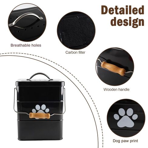 Small Dog Poop Trash Can Outside,1.5Gal/6L Metal Dog Waste Trash Can with Lid/Filter/Handle,Pet Waste Container Bucket with 75 Trash Bags-Black in Saudi Arabia