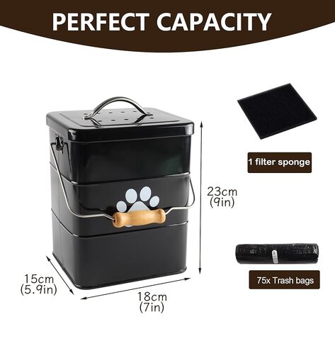 Small Dog Poop Trash Can Outside,1.5Gal/6L Metal Dog Waste Trash Can with Lid/Filter/Handle,Pet Waste Container Bucket with 75 Trash Bags-Black in Saudi Arabia