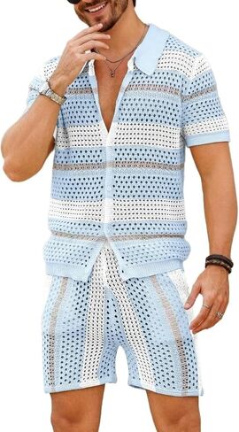 Men's Front Button Short Sleeve Crochet Top and Knitted Shorts Set Fashion Knitwear for Men in Saudi Arabia