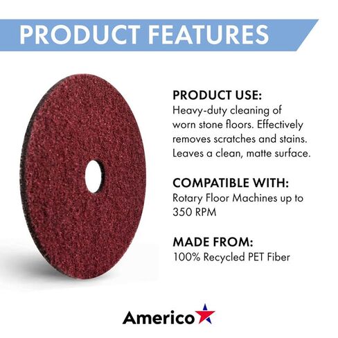 Americo Black Diamond 400 Red Heavy Duty Cleaning Flood Pad, 20" Diameter, 400 Grit, 2 Pads/Case, Made in The USA in Kuwait