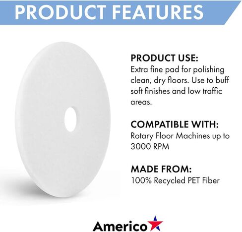 Americo White Super Polish Floor Pad, 27" Diameter, 3.25" Center Hole, 2 Pads/Case, Machine Floor Pads for Polishing Dry Floors, Made of 100% Recycled Content, USA Made in Kuwait