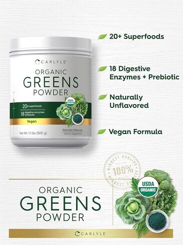 مسحوق كارلايل الخضر العضوي | مكمل بوزن 17.6 أونصة | يخفف من الغازات العرضية والانزعاج والانتفاخ | مع أكثر من 20 نوعًا من الأطعمة الفائقة، و18 إنزيمًا هضميًا، والبريبايوتكس | نباتي، غير معدّل وراثيًا وخالي من الغلوتين in Kuwait