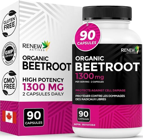 مكمل الشمندر العضوي من رينيو أكتيفز 1300 مجم لكل كبسولتين - مسحوق الشمندر النقي للدورة الدموية والطاقة الطبيعية وفوائد مضادات الأكسدة - طعام فائق الفعالية، صنع في كندا - 90 كبسولة in Kuwait