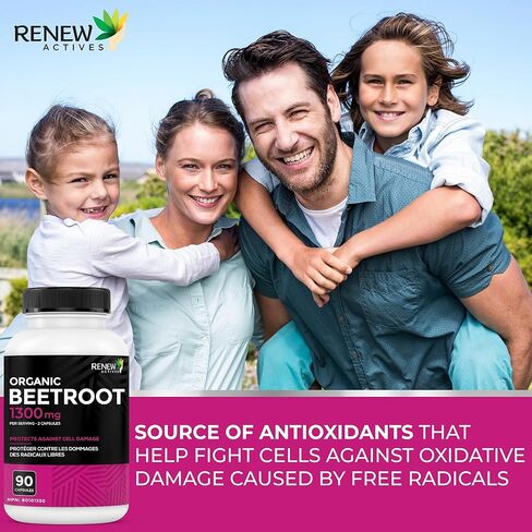 مكمل الشمندر العضوي من رينيو أكتيفز 1300 مجم لكل كبسولتين - مسحوق الشمندر النقي للدورة الدموية والطاقة الطبيعية وفوائد مضادات الأكسدة - طعام فائق الفعالية، صنع في كندا - 90 كبسولة in Kuwait