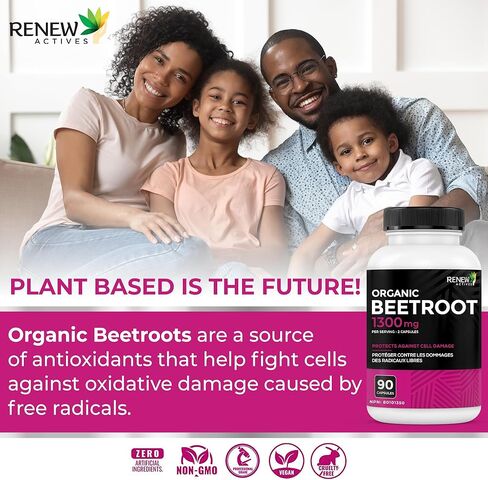 مكمل الشمندر العضوي من رينيو أكتيفز 1300 مجم لكل كبسولتين - مسحوق الشمندر النقي للدورة الدموية والطاقة الطبيعية وفوائد مضادات الأكسدة - طعام فائق الفعالية، صنع في كندا - 90 كبسولة in Kuwait