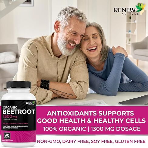 مكمل الشمندر العضوي من رينيو أكتيفز 1300 مجم لكل كبسولتين - مسحوق الشمندر النقي للدورة الدموية والطاقة الطبيعية وفوائد مضادات الأكسدة - طعام فائق الفعالية، صنع في كندا - 90 كبسولة in Kuwait