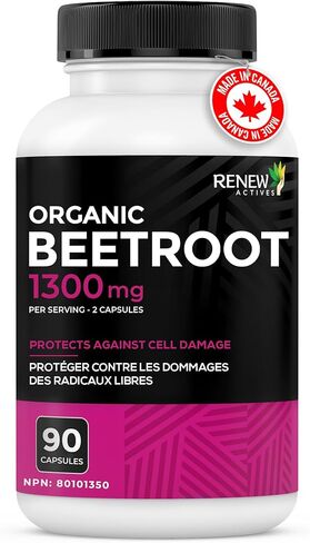 مكمل الشمندر العضوي من رينيو أكتيفز 1300 مجم لكل كبسولتين - مسحوق الشمندر النقي للدورة الدموية والطاقة الطبيعية وفوائد مضادات الأكسدة - طعام فائق الفعالية، صنع في كندا - 90 كبسولة in Kuwait