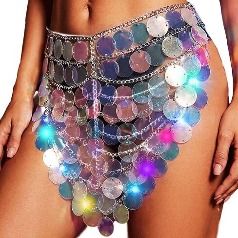 GRAEEN Light Up Sequin Waist Chain Belt Glow In Dark Iridescent Body Chain Jewelry Neon Rave Party Belly Chains for Women in Kuwait
